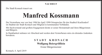 Traueranzeige von Manfred Kossmann von Neue Presse Coburg