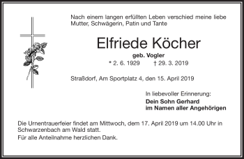 Traueranzeige von Elfriede Köcher von Frankenpost