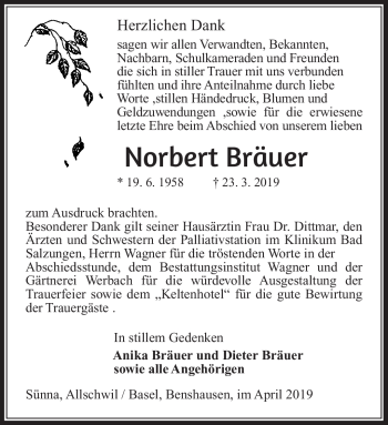 Traueranzeige von Norbert Bräuer von Südthüringer Presse