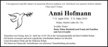 Traueranzeige von Anni Hofmann von Frankenpost
