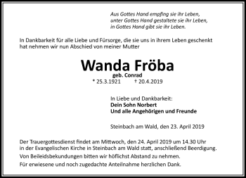 Traueranzeige von Wanda Fröba von Neue Presse Coburg