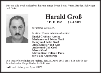 Traueranzeige von Harald Groß von Südthüringer Presse