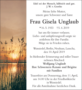 Traueranzeige von Gisela Unglaub von Frankenpost