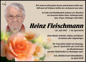 Traueranzeige von Heinz Fleischmann von Südthüringer Presse