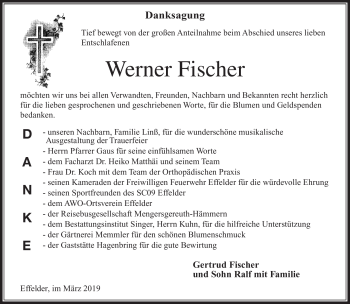 Traueranzeige von Werner Fischer von Südthüringer Presse