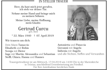 Traueranzeige von Gertrud Curcu von Frankenpost