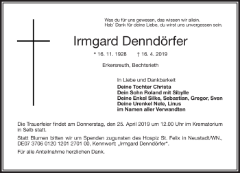 Traueranzeige von Irmgard Denndörfer von Frankenpost