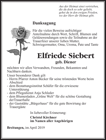 Traueranzeige von Elfriede Siebert von Südthüringer Presse