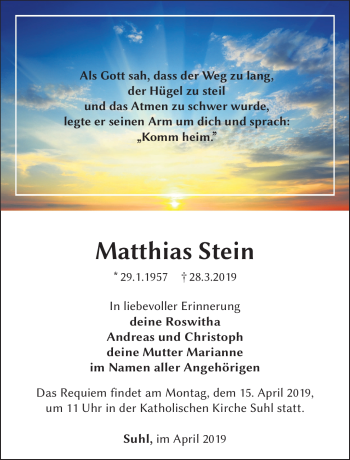 Traueranzeige von Matthias Stein von Südthüringer Presse