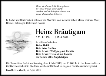 Traueranzeige von Heinz Bräutigam von Südthüringer Presse