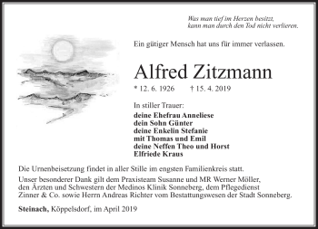 Traueranzeige von Alfred Zitzmann von Südthüringer Presse