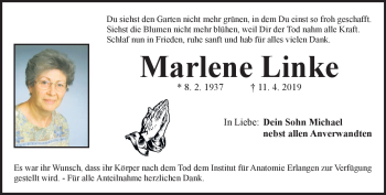 Traueranzeige von Marlene Linke von Neue Presse Coburg