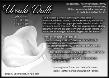 Traueranzeige von Ursula Dufft von Südthüringer Presse