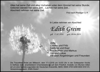 Traueranzeige von Edith Greim von Frankenpost
