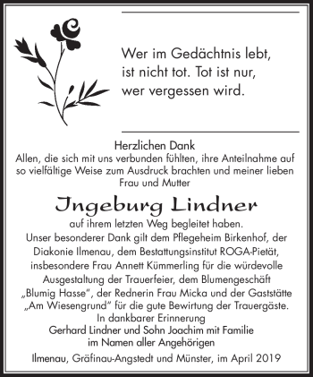 Traueranzeige von Ingeburg Lindner von Südthüringer Presse