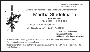 Traueranzeige von Martha Stadelmann von Frankenpost