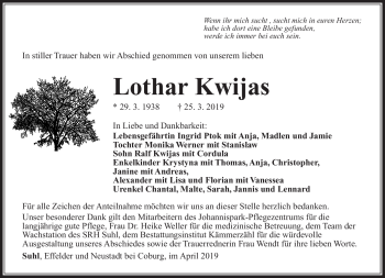 Traueranzeige von Lothar Kwijas von Südthüringer Presse