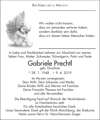 Traueranzeige von Gabriele Prechtl von Frankenpost