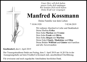 Traueranzeige von Manfred Kossmann von Neue Presse Coburg