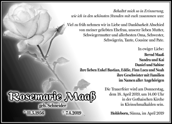 Traueranzeige von Rosemarie Maaß von Südthüringer Presse