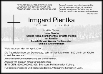 Traueranzeige von Irmgard Pientka von Neue Presse Coburg
