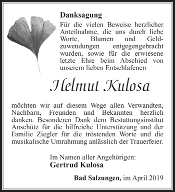 Traueranzeige von Helmut Kulosa von Südthüringer Presse