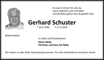 Traueranzeige von Gerhard Schuster von Frankenpost