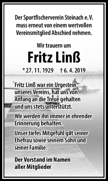 Traueranzeige von Fritz Linß von Südthüringer Presse