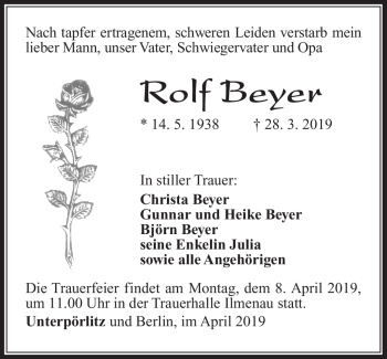 Traueranzeige von Rolf Beyer von Südthüringer Presse