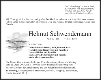 Traueranzeige von Helmut Schwendemann von Südthüringer Presse