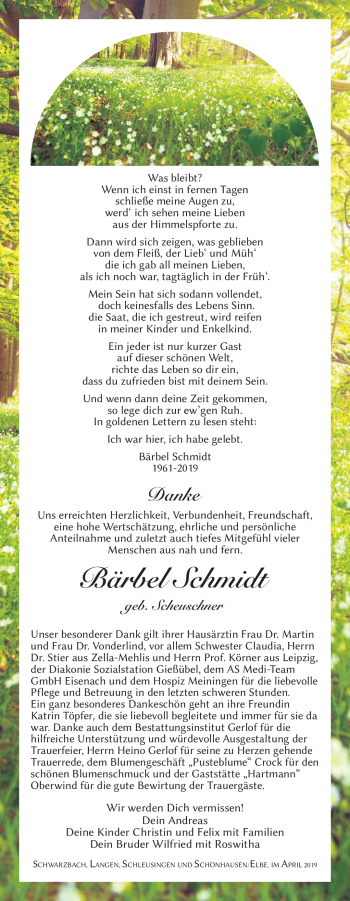 Traueranzeige von Bärbel Schmidt von Südthüringer Presse