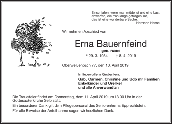 Traueranzeige von Erna Bauernfeind von Frankenpost