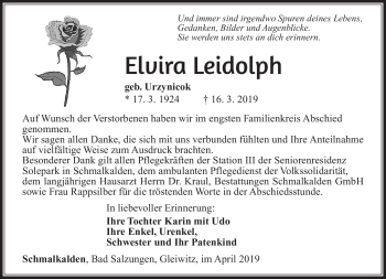 Traueranzeige von Elvira Leidolph von Südthüringer Presse