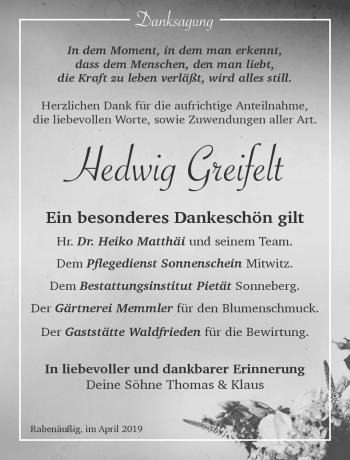 Traueranzeige von Hedwig Greifelt von Südthüringer Presse