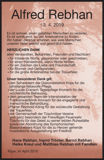 Traueranzeige von Alfred Rebhan von Neue Presse Coburg