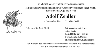 Traueranzeige von Adolf Zeidler von Frankenpost