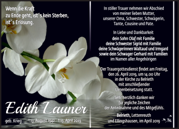 Traueranzeige von Edith Launer von Südthüringer Presse