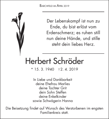 Traueranzeige von Herbert Schröder von Südthüringer Presse