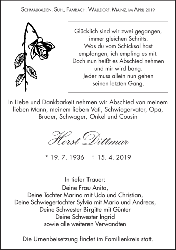 Traueranzeige von Horst Dittmar von Südthüringer Presse