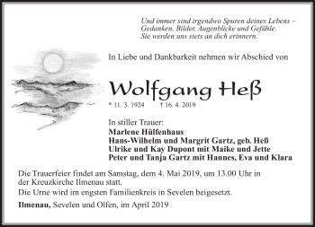 Traueranzeige von Wolfgang Heß von Südthüringer Presse