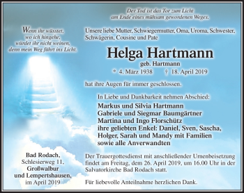 Traueranzeige von Helga Hartmann von Südthüringer Presse