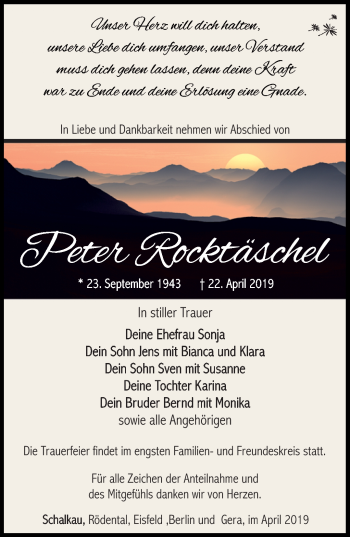 Traueranzeige von Peter Rocktäschel von Südthüringer Presse