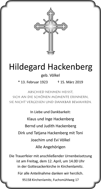 Traueranzeige von Hildegard Hackenberg von Frankenpost