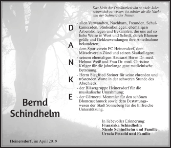 Traueranzeige von Bernd Schindhelm von Südthüringer Presse