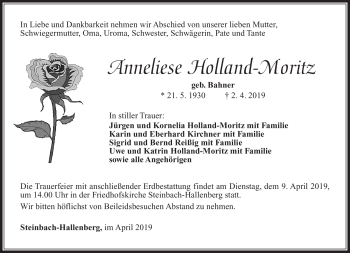 Traueranzeige von Anneliese Holland-Moritz von Südthüringer Presse