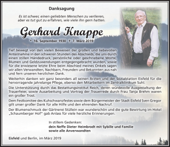 Traueranzeige von Gerhard Knappe von Südthüringer Presse