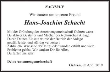 Traueranzeige von Hans-Joachim Schacht von Südthüringer Presse