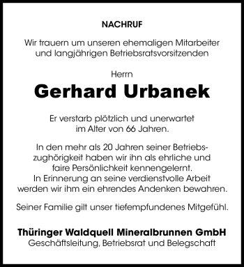 Traueranzeige von Gerhard Urbanek von Südthüringer Presse