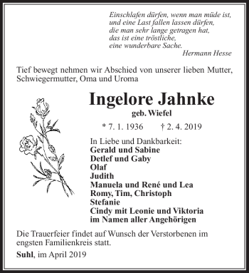 Traueranzeige von Ingelore Jahnke von Südthüringer Presse