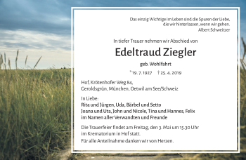 Traueranzeige von Edeltraud Ziegler von Frankenpost